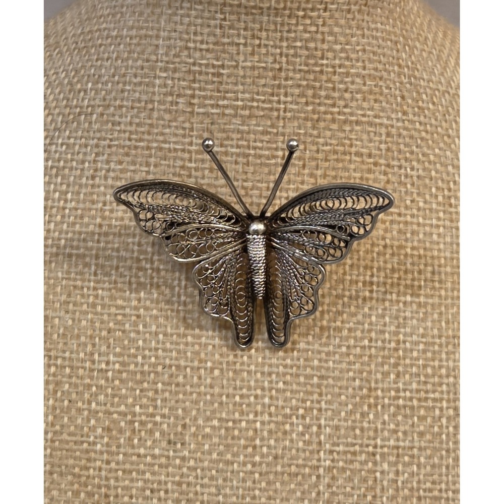 Vintage Sterling Silver Filigree 3D Butterfly Brooch 925